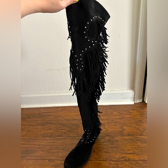 Over-the-Knee Black Leather/Suede Fringe Studded Cowboy Boots, Sz: 7 - Picture 2 of 10